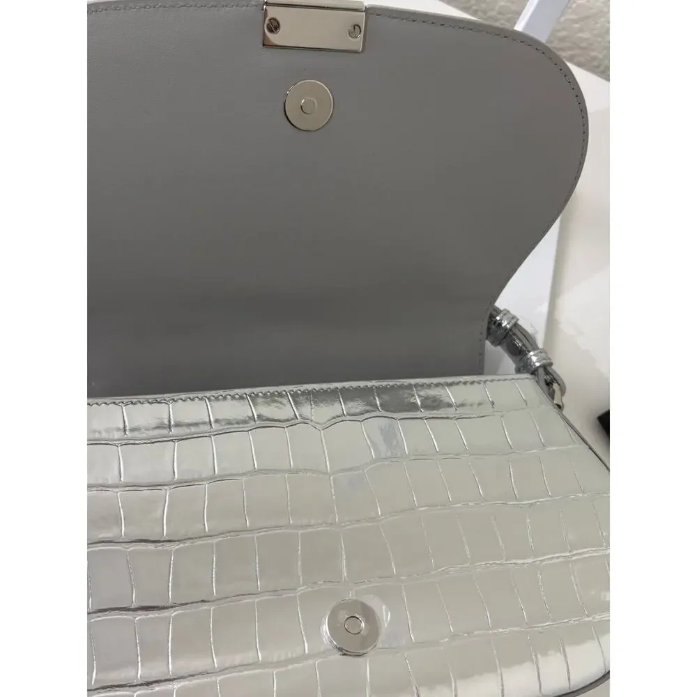 Versace Garcia Croc-Embossed Leather Shoulder Bag Silver New 2900$